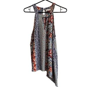 Monteau Floral Halter Top Womens XL Blue Patchwork Excellent Asymmetrical Blouse